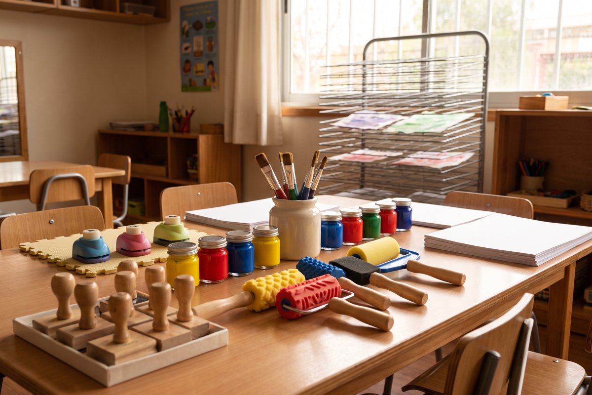 Mesa con material de arte y motricidad fina para niños