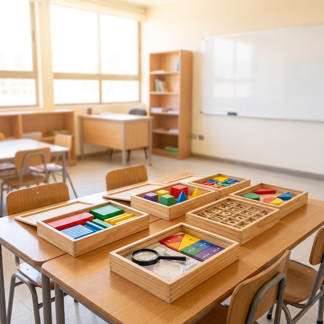 Cajas con material concreto de matemática y lenguaje listas para la sala de clases