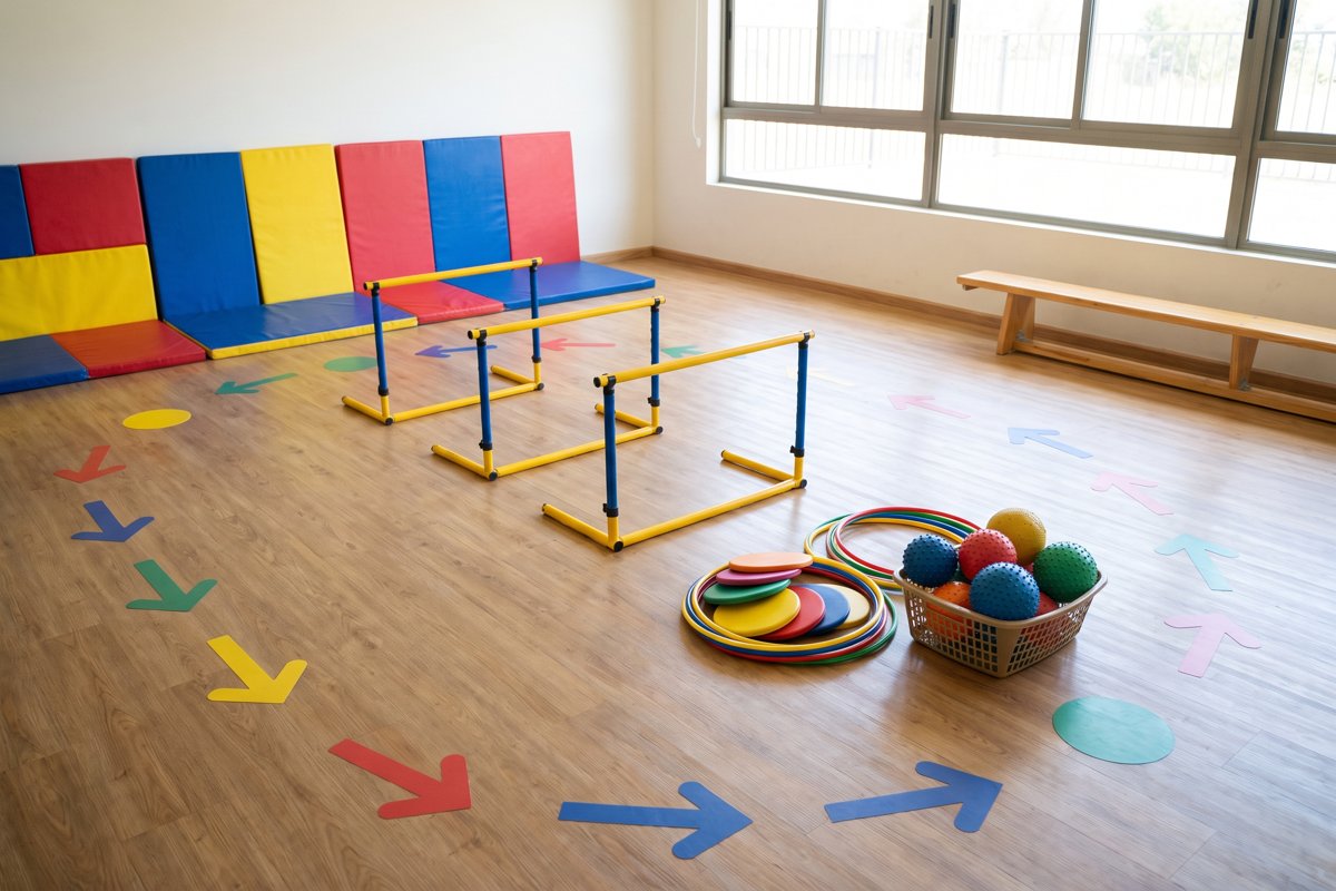 Sala de psicomotricidad con pista de equilibrio y módulos blandos