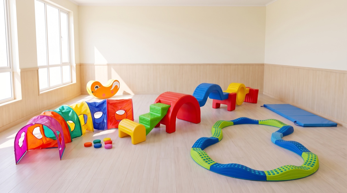 Sala de psicomotricidad con módulos de espuma, túnel y circuito de equilibrio